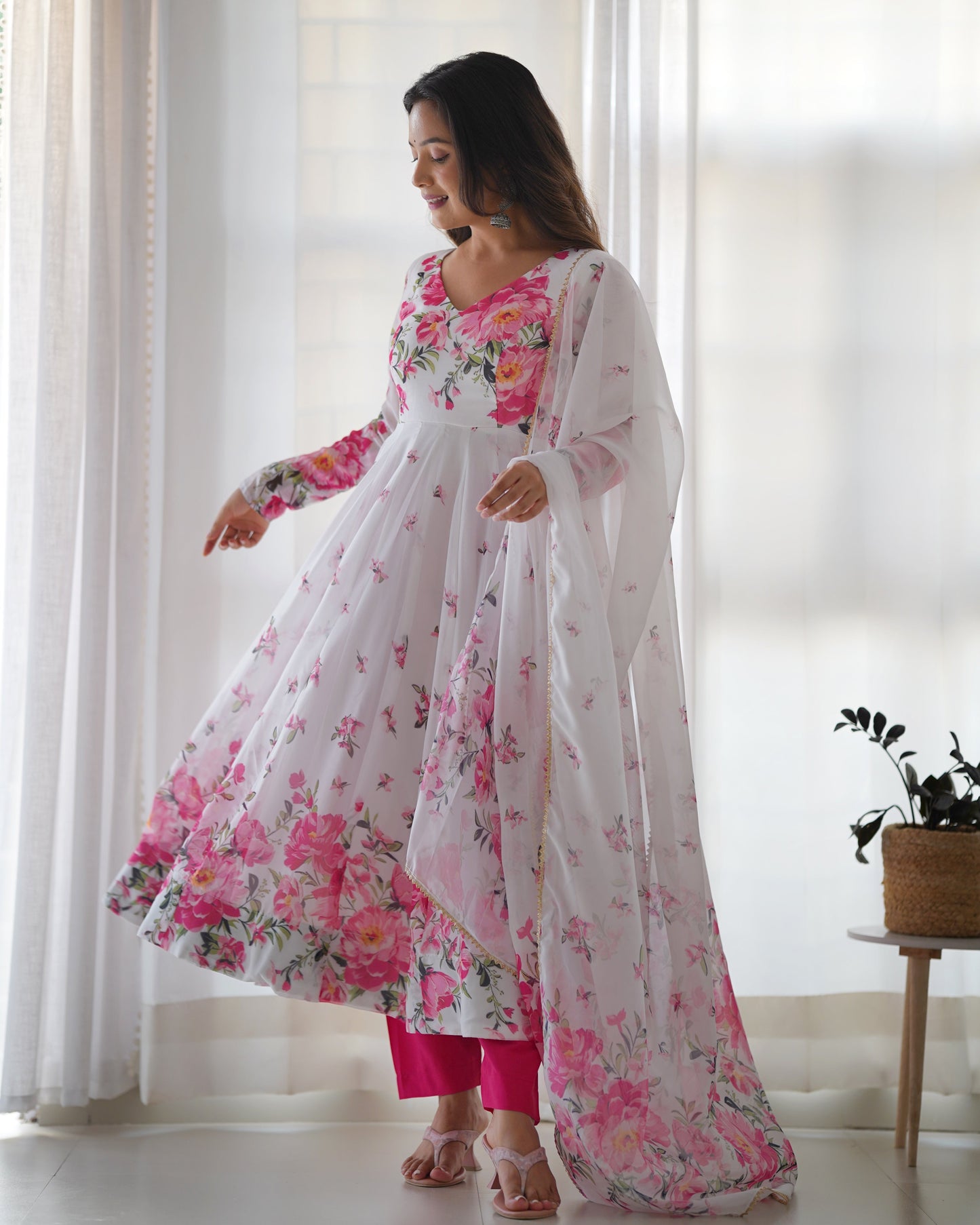 Polished White Organza Silk Floral Printed Anarkali Pant Suit - INDIAN ELEGANCE