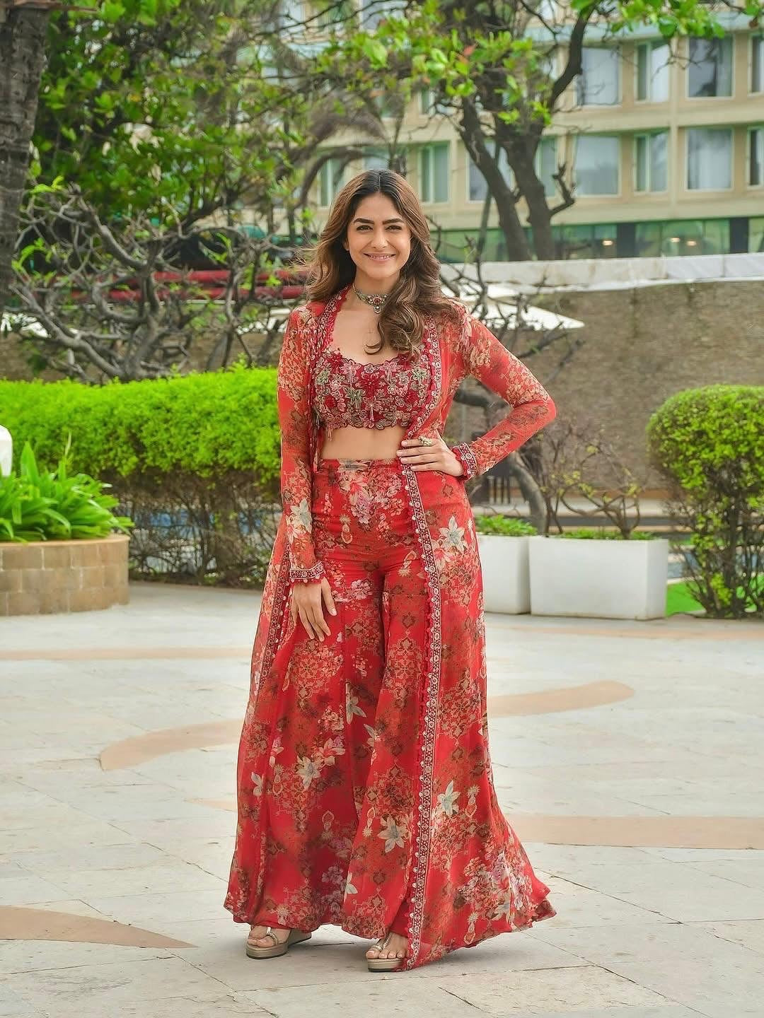Embroidered Floral Red Georgette Co-ord Set