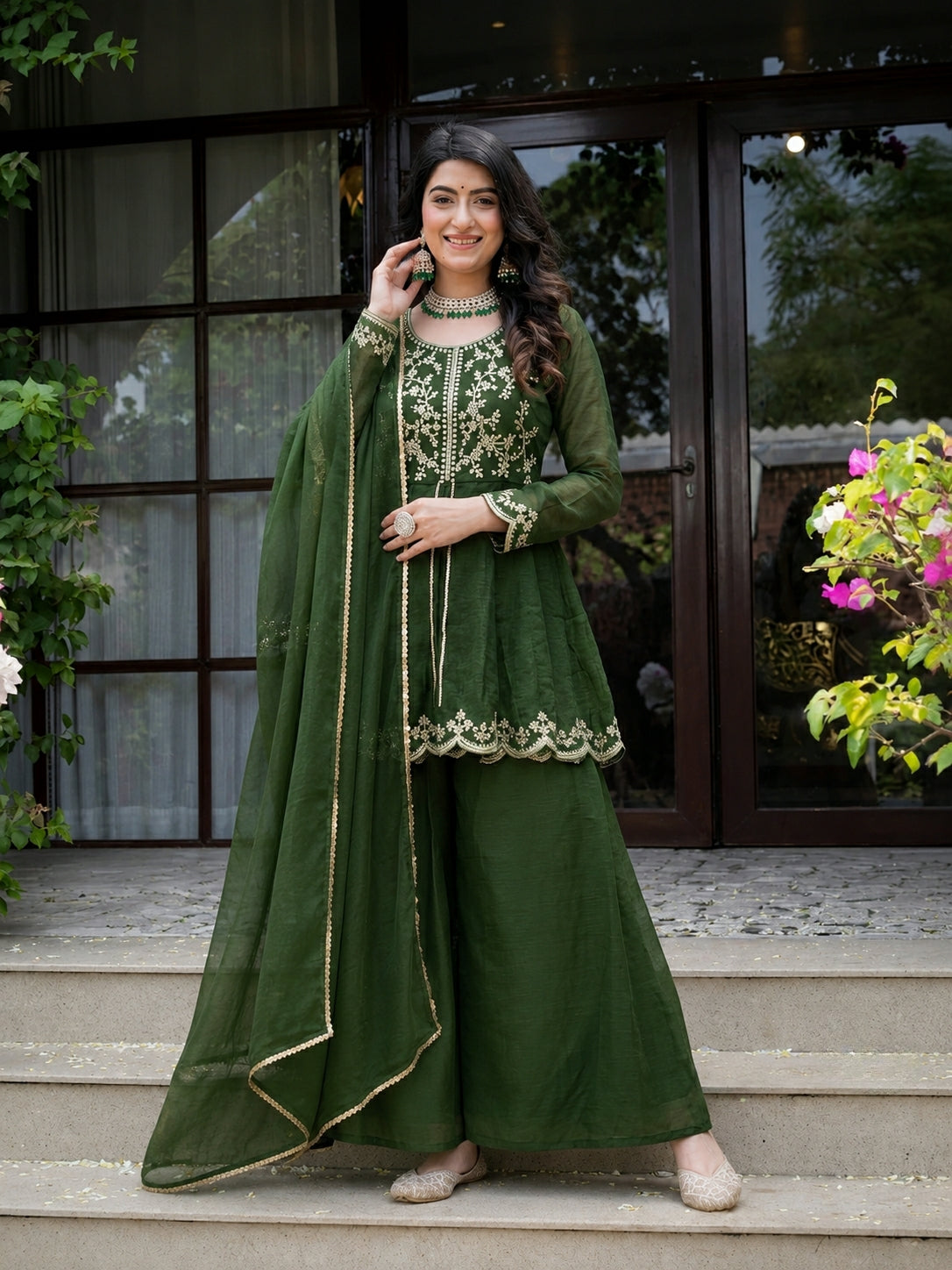 Green Crunchy Silk Palazzo Suit Set with Embroidered Dupatta for Women | Designer Festive & Wedding Wear | Party Wear & Wedding Outfit