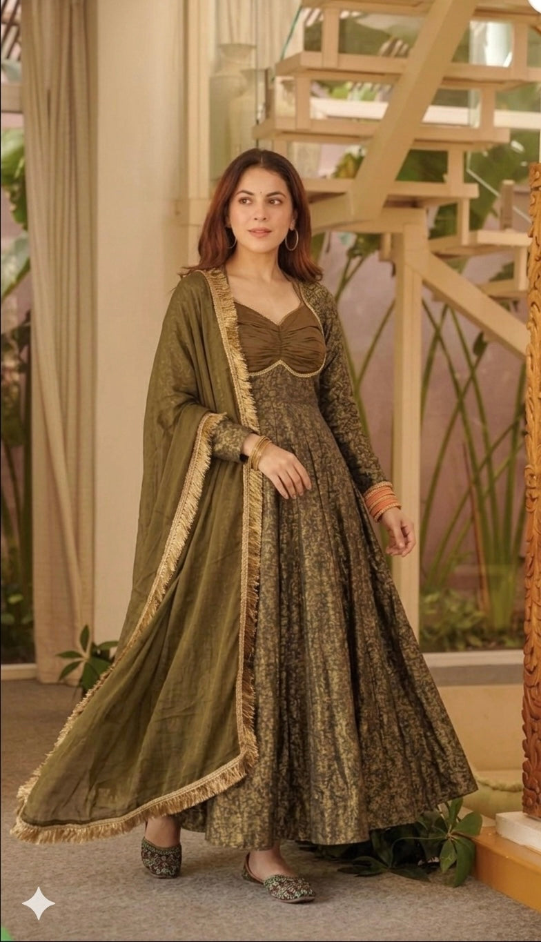 Premium Olive Green Floral Brocade Jacquard Anarkali Suit Set For Woman With Dupatta For Wedding & Festive Wear