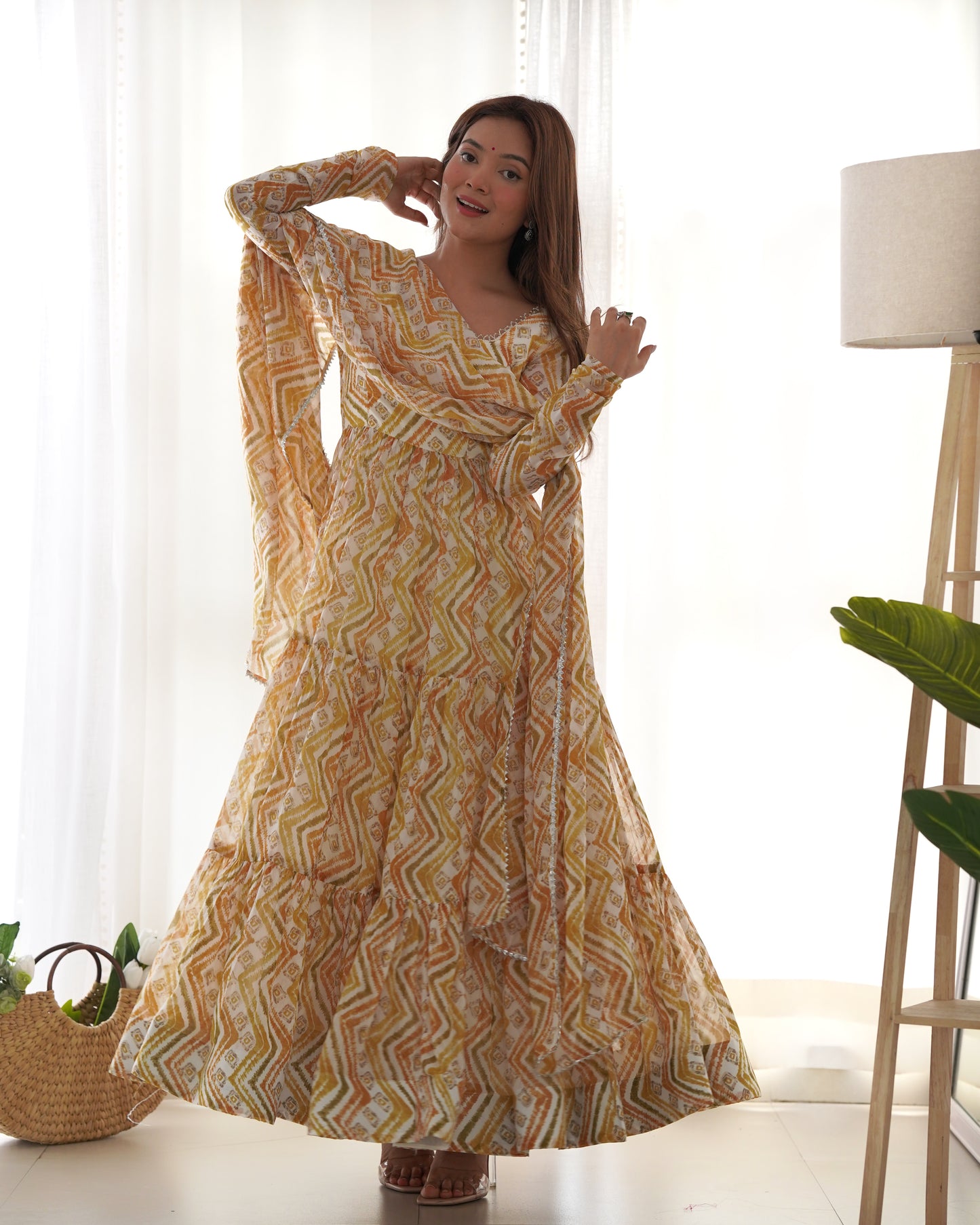 Resplendent Faux Georgette Zigzag Printed Anarkali Pant Suit - INDIAN ELEGANCE