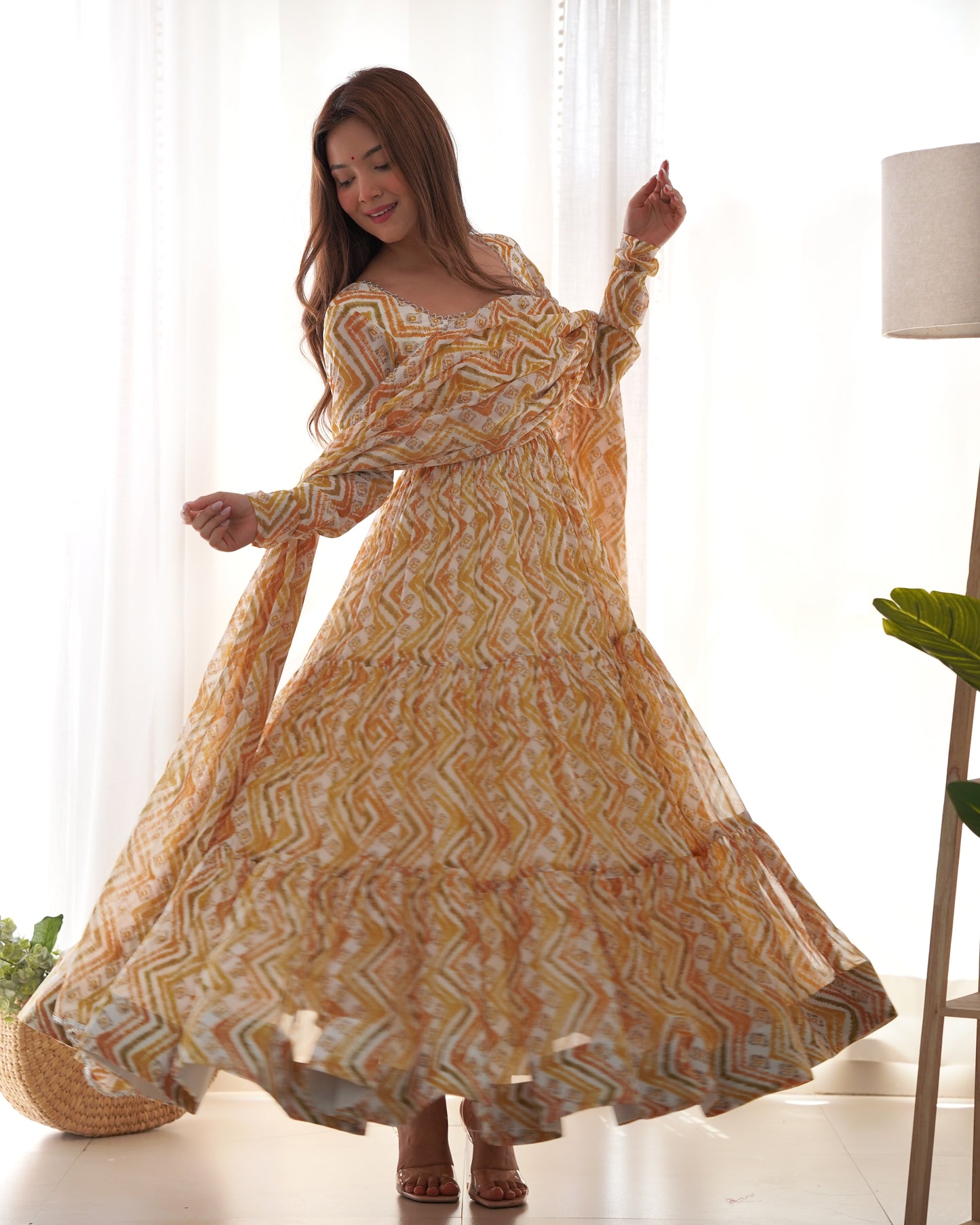 Resplendent Faux Georgette Zigzag Printed Anarkali Pant Suit - INDIAN ELEGANCE