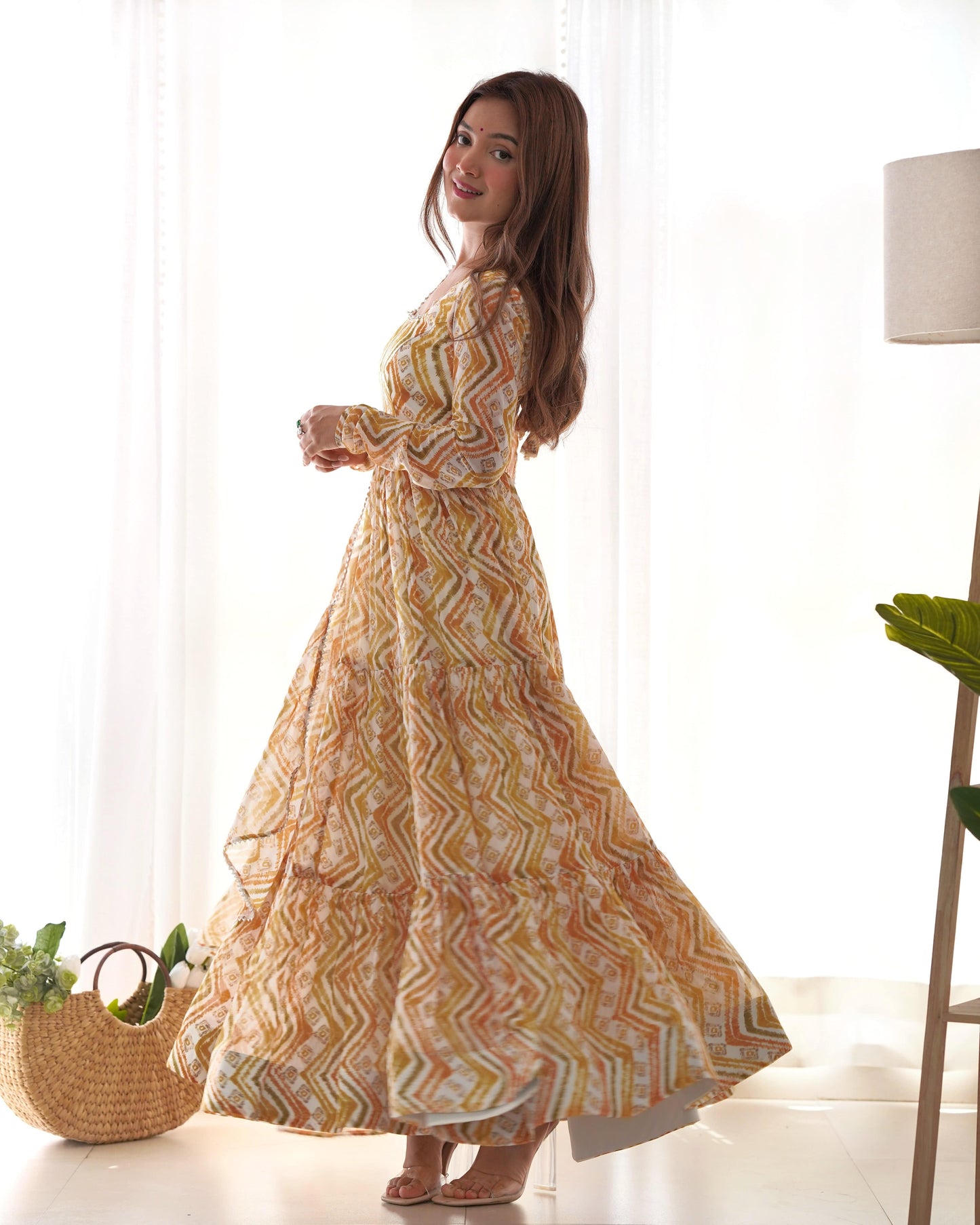 Resplendent Faux Georgette Zigzag Printed Anarkali Pant Suit - INDIAN ELEGANCE
