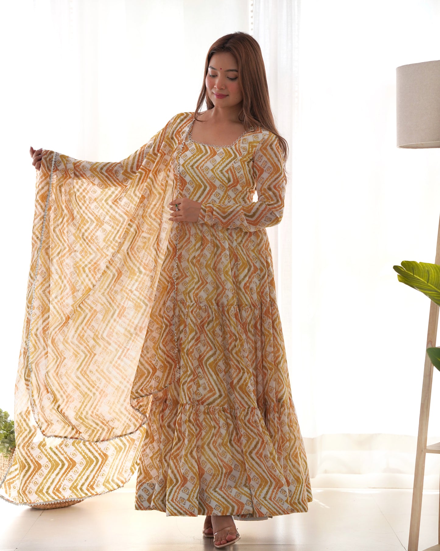 Resplendent Faux Georgette Zigzag Printed Anarkali Pant Suit - INDIAN ELEGANCE