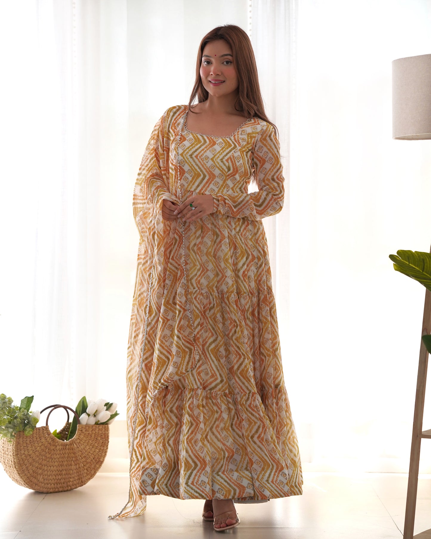 Resplendent Faux Georgette Zigzag Printed Anarkali Pant Suit - INDIAN ELEGANCE