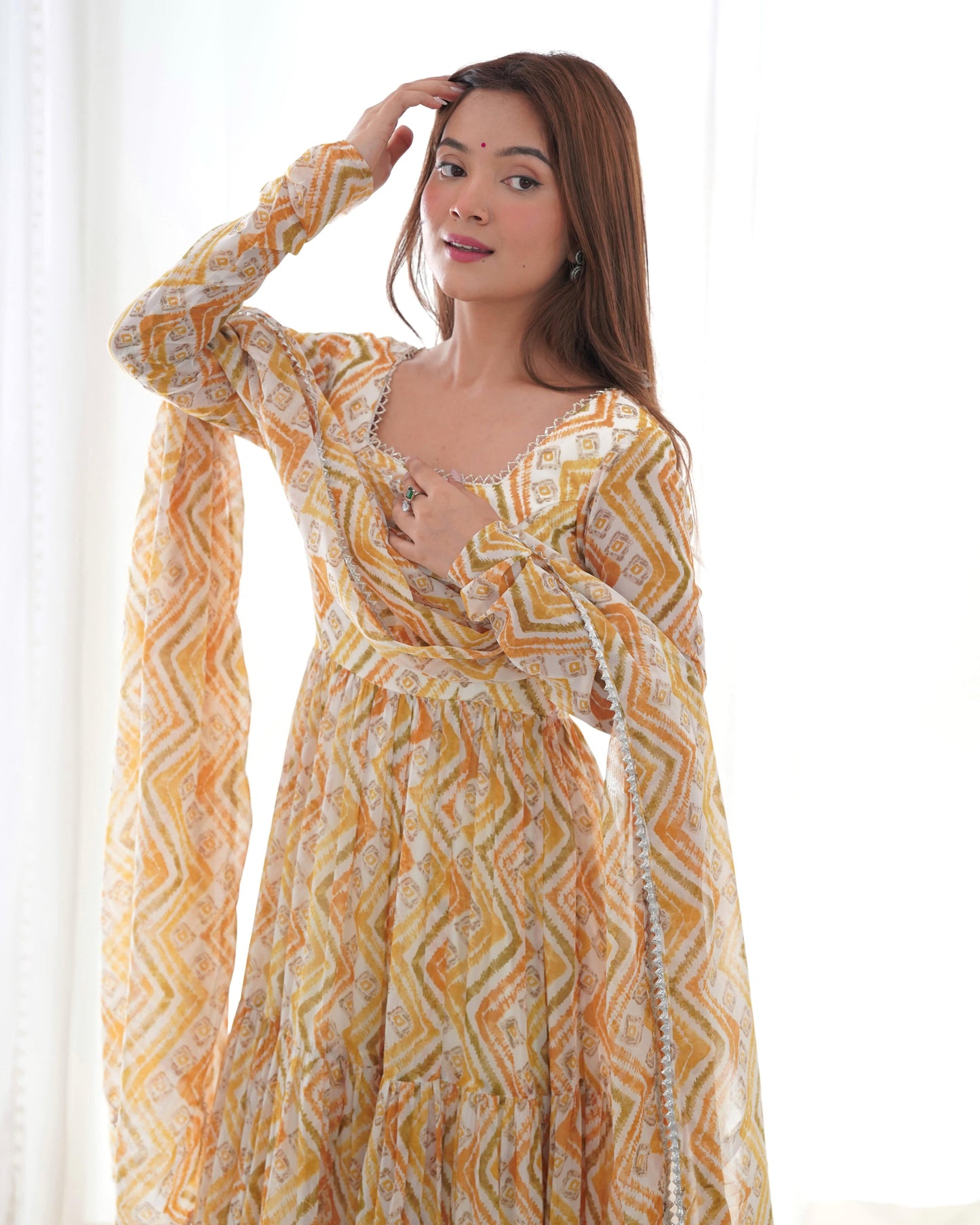 Resplendent Faux Georgette Zigzag Printed Anarkali Pant Suit - INDIAN ELEGANCE