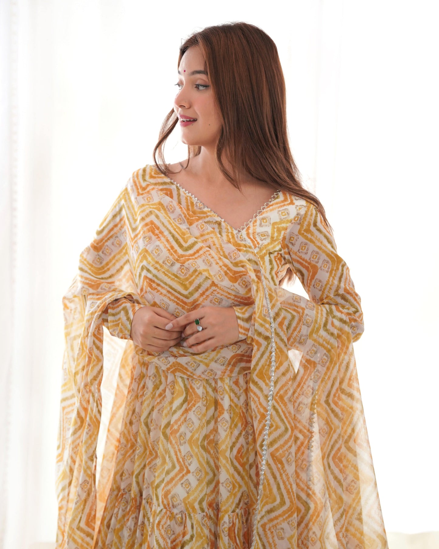 Resplendent Faux Georgette Zigzag Printed Anarkali Pant Suit - INDIAN ELEGANCE
