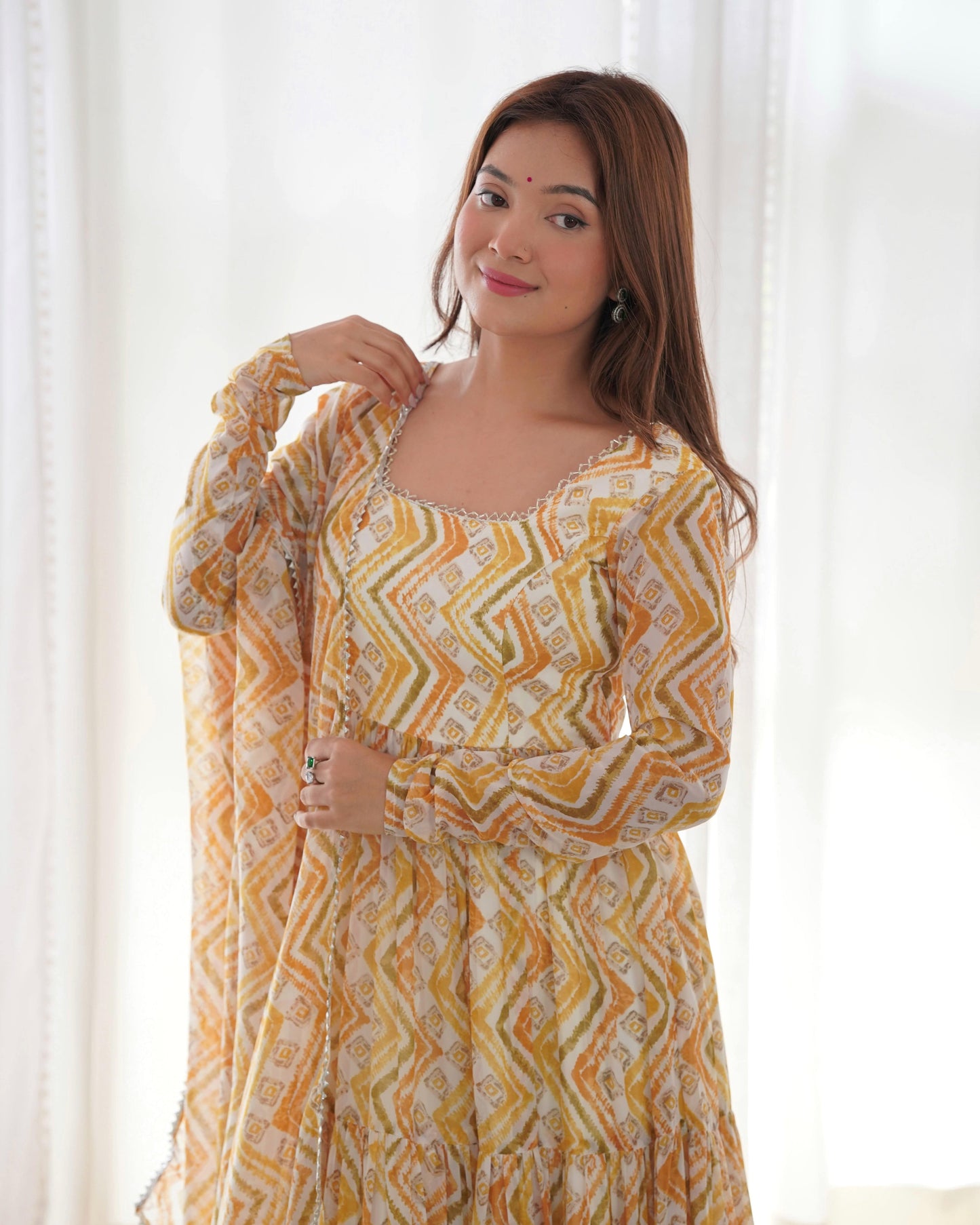 Resplendent Faux Georgette Zigzag Printed Anarkali Pant Suit - INDIAN ELEGANCE