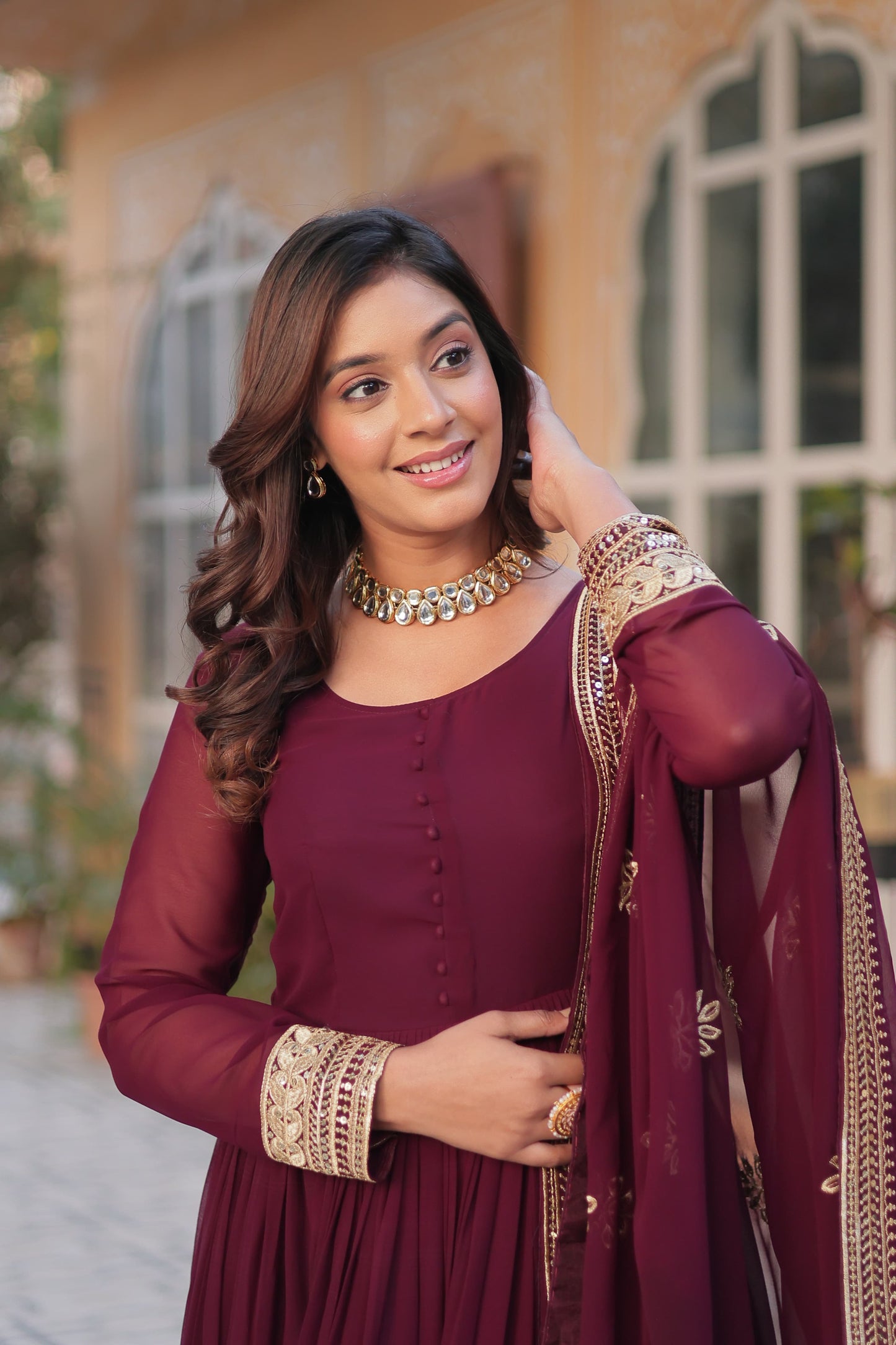 Exquisite Faux Georgette Intricate Zari Sequins Worked Gown With Dupatta - INDIAN ELEGANCE