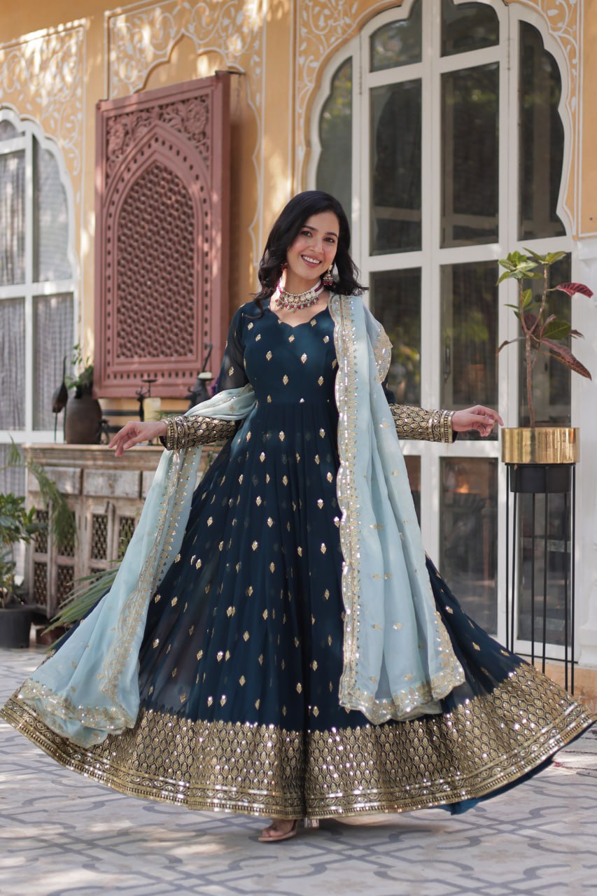 Magnificent Teal Blue Faux Georgette Zari Sequins Worked Gown With Dupatta - INDIAN ELEGANCE