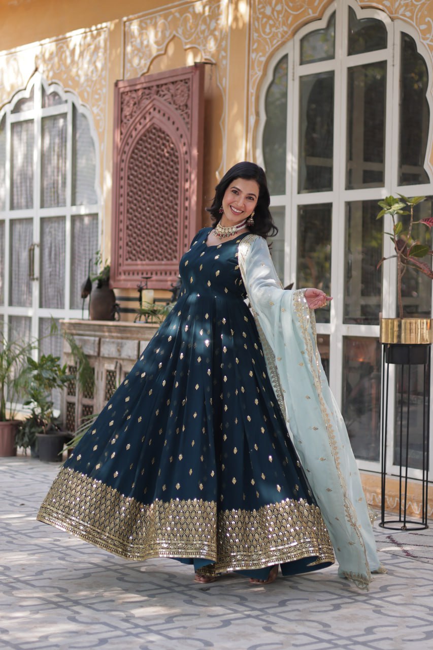 Magnificent Teal Blue Faux Georgette Zari Sequins Worked Gown With Dupatta - INDIAN ELEGANCE