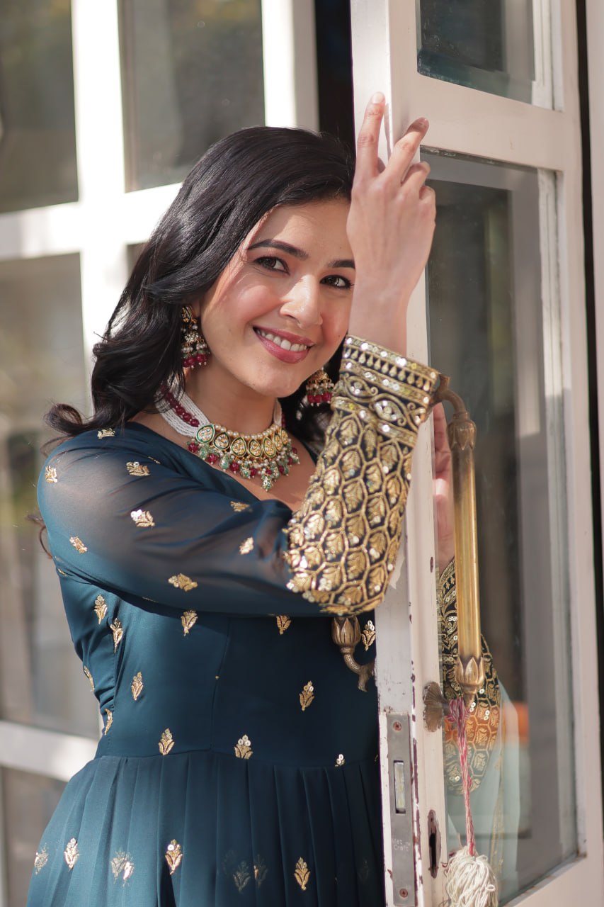 Magnificent Teal Blue Faux Georgette Zari Sequins Worked Gown With Dupatta - INDIAN ELEGANCE