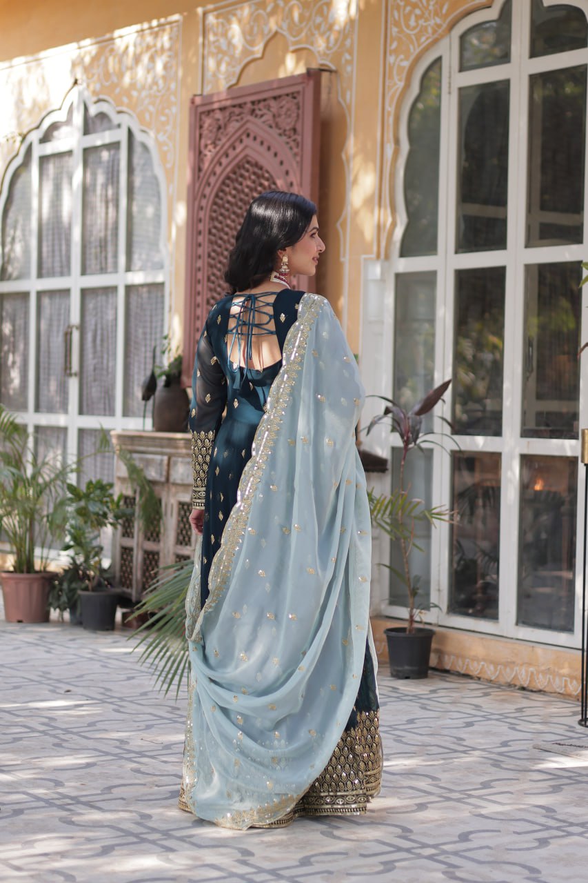 Magnificent Teal Blue Faux Georgette Zari Sequins Worked Gown With Dupatta - INDIAN ELEGANCE