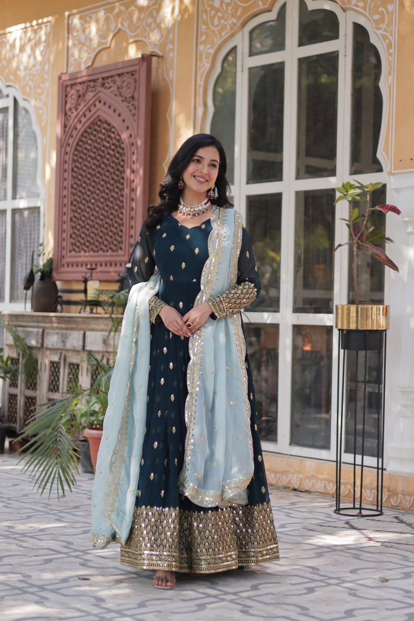 Magnificent Teal Blue Faux Georgette Zari Sequins Worked Gown With Dupatta - INDIAN ELEGANCE
