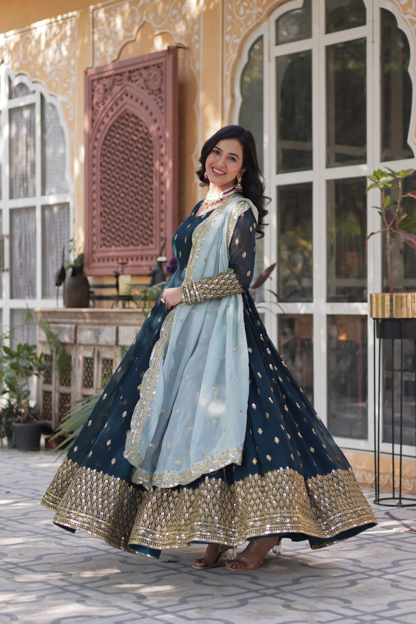 Magnificent Teal Blue Faux Georgette Zari Sequins Worked Gown With Dupatta - INDIAN ELEGANCE