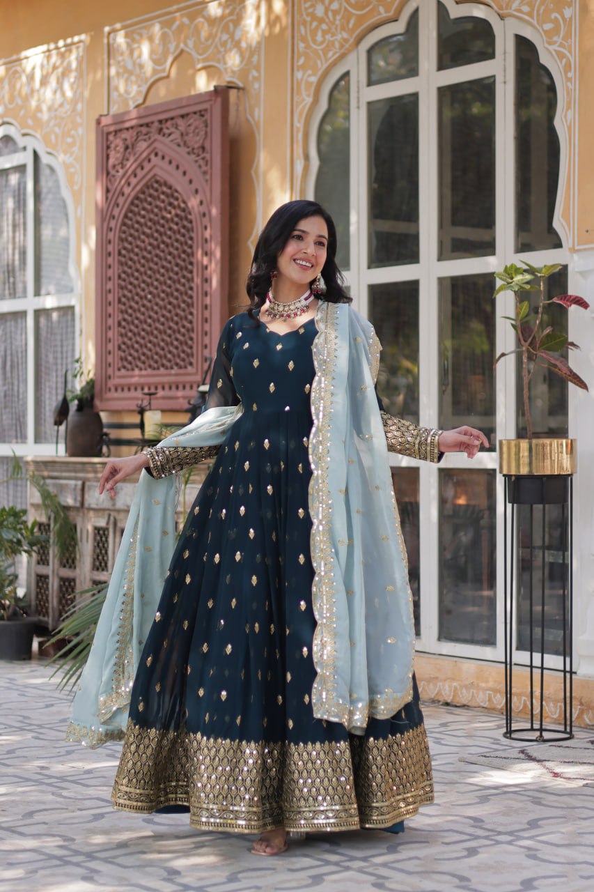Magnificent Teal Blue Faux Georgette Zari Sequins Worked Gown With Dupatta - INDIAN ELEGANCE