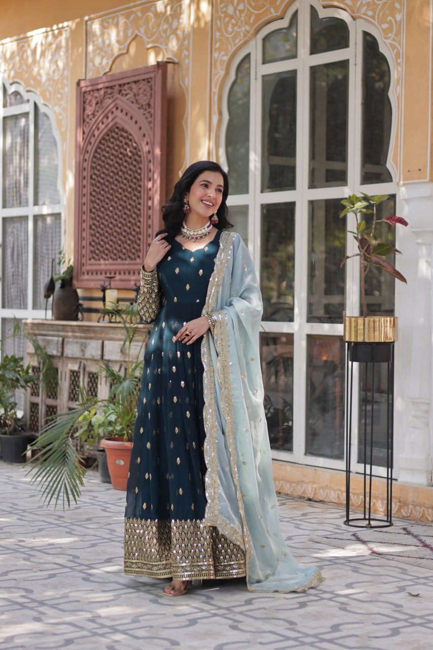 Magnificent Teal Blue Faux Georgette Zari Sequins Worked Gown With Dupatta - INDIAN ELEGANCE