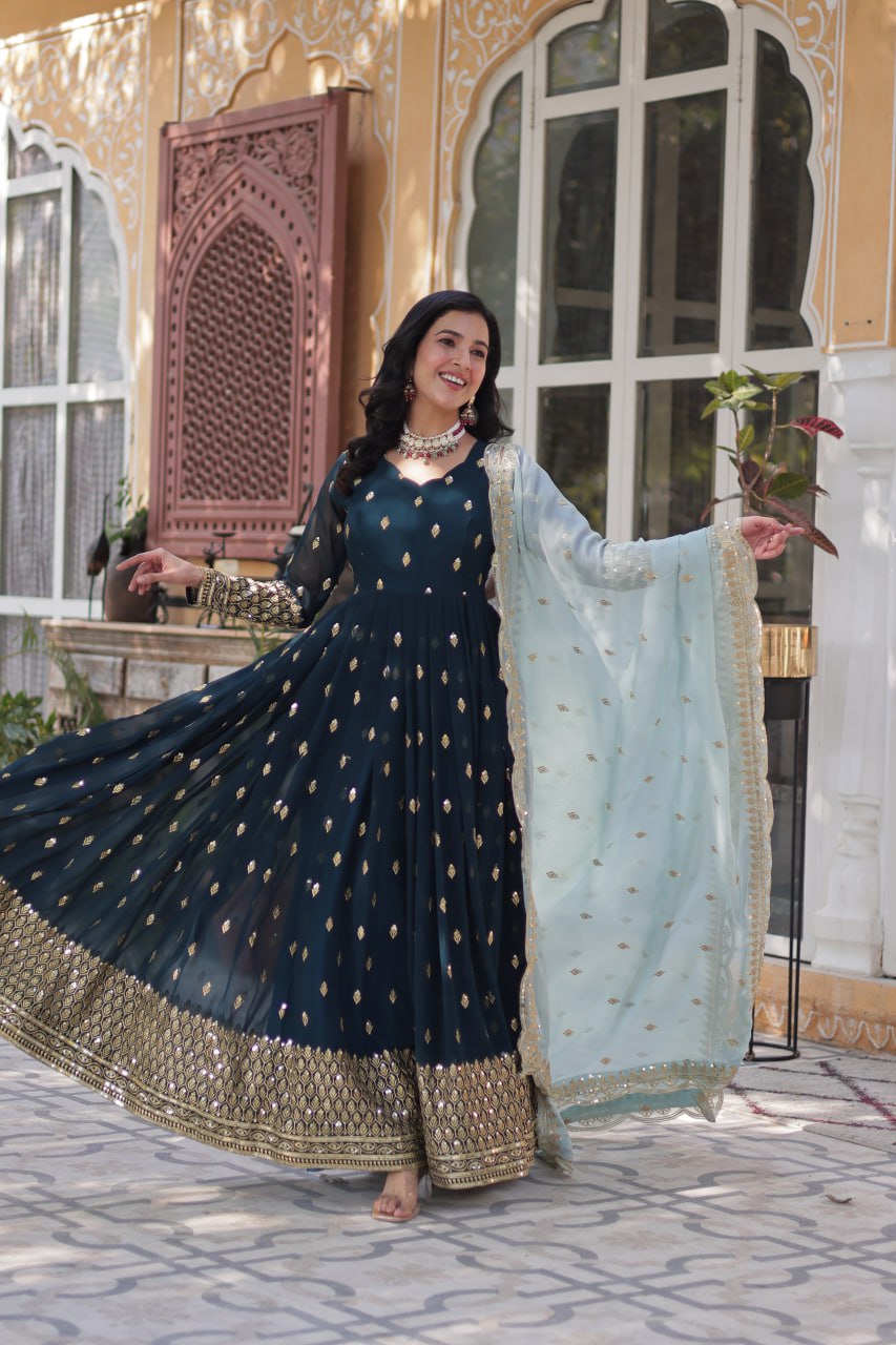 Magnificent Teal Blue Faux Georgette Zari Sequins Worked Gown With Dupatta - INDIAN ELEGANCE