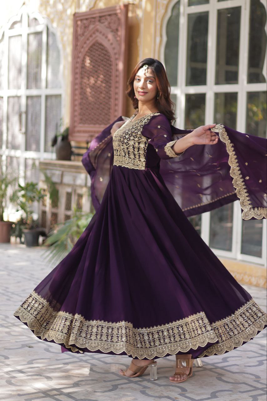Alluring Intricate Zari Sequins Worked Faux Georgette Gown - INDIAN ELEGANCE