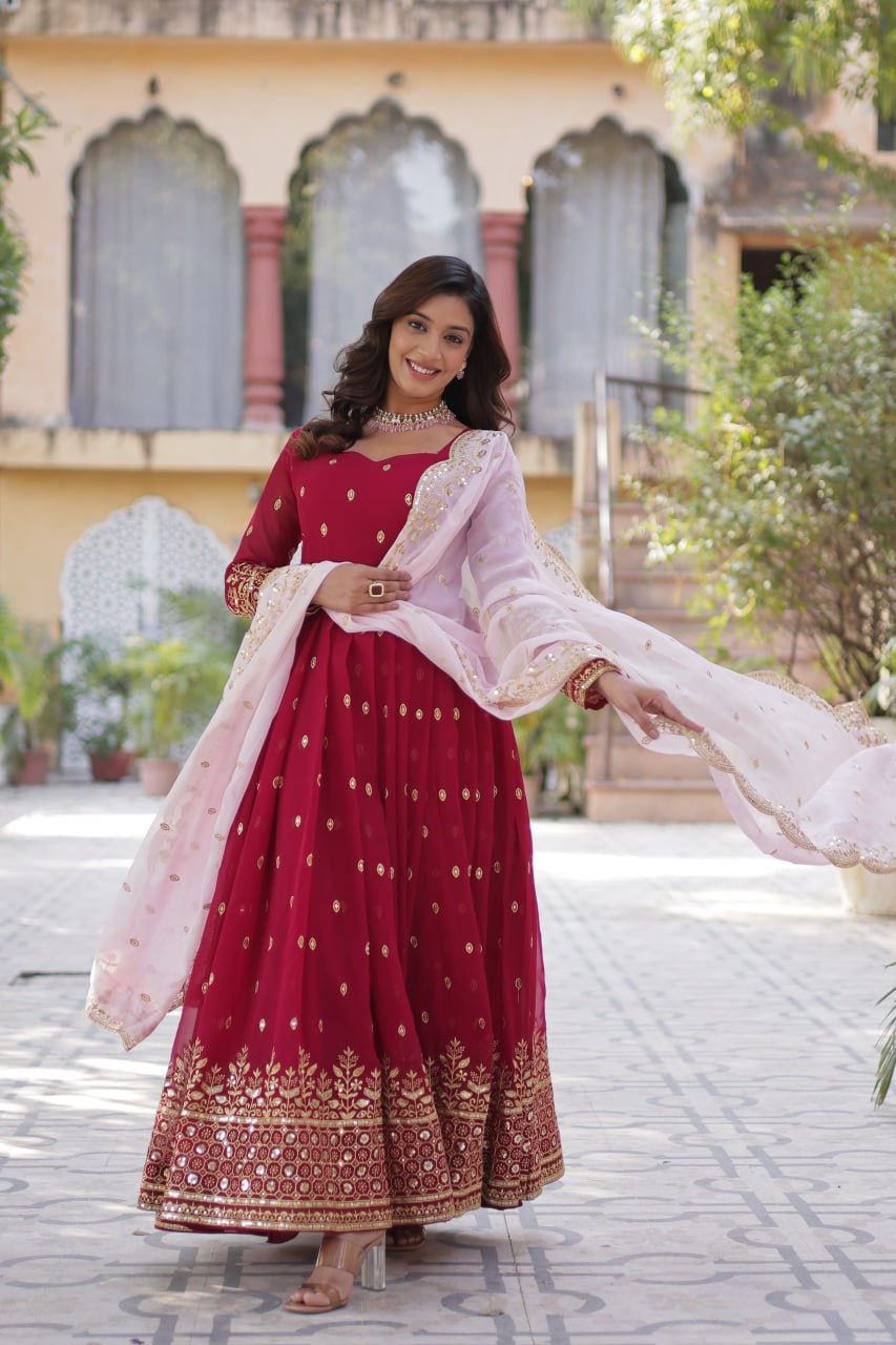 Lovely Maroon Faux Georgette Zari Sequins Worked Gown With Dupatta - INDIAN ELEGANCE