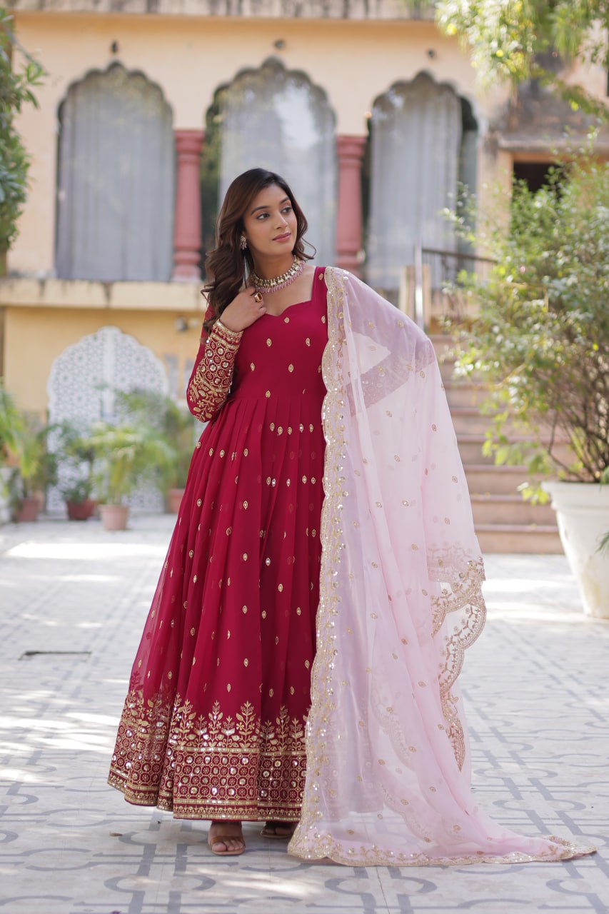 Lovely Maroon Faux Georgette Zari Sequins Worked Gown With Dupatta - INDIAN ELEGANCE