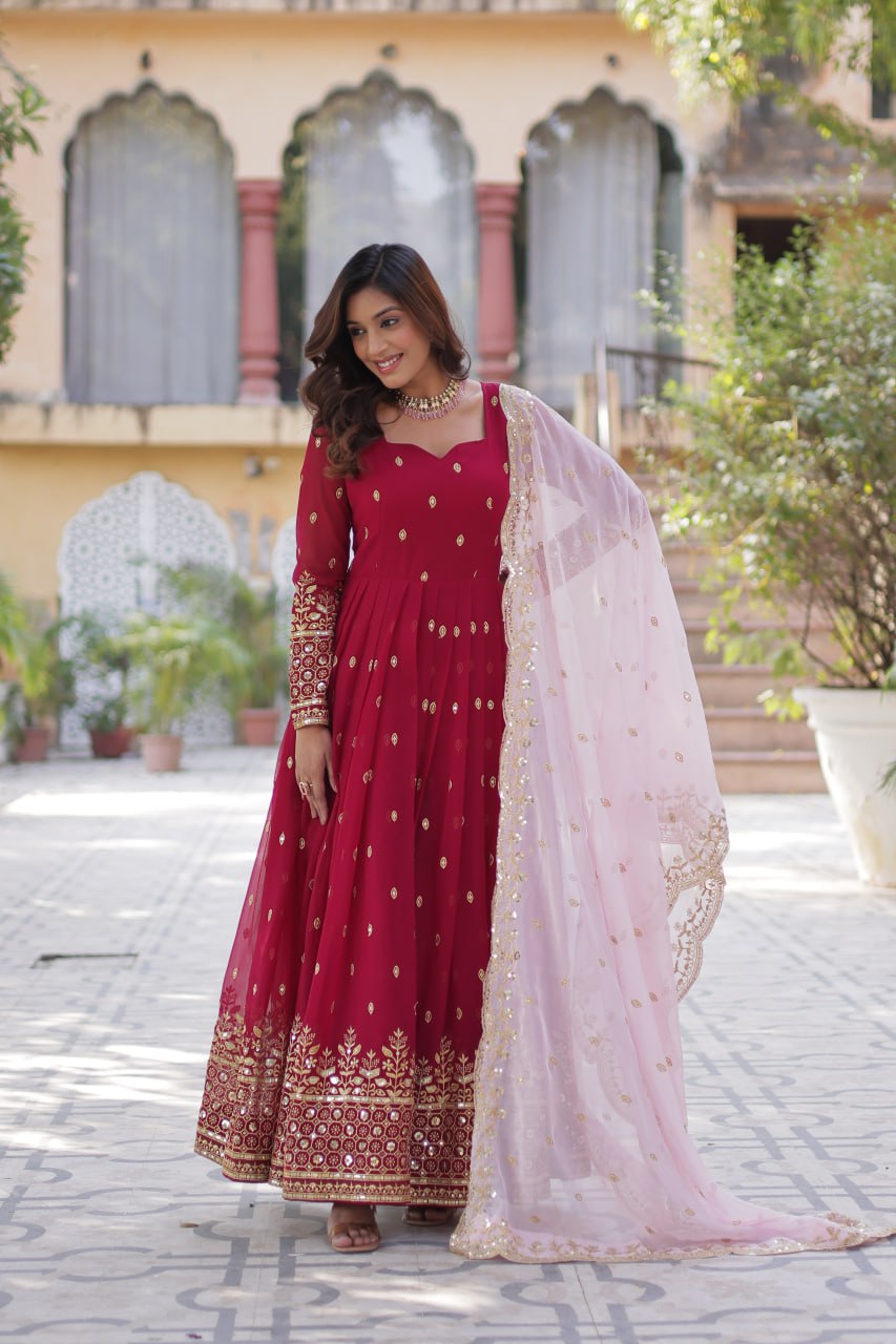 Lovely Maroon Faux Georgette Zari Sequins Worked Gown With Dupatta - INDIAN ELEGANCE