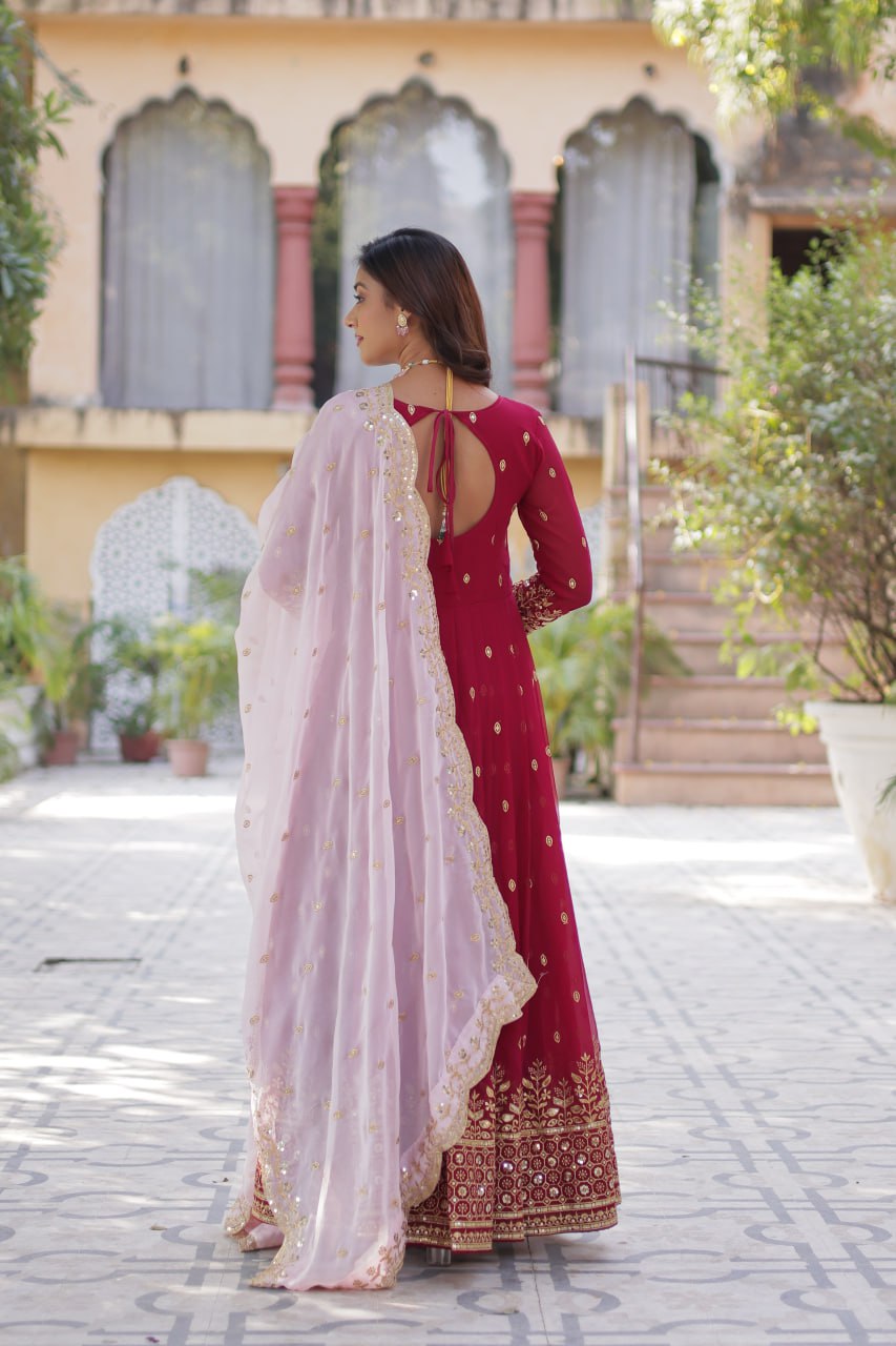 Lovely Maroon Faux Georgette Zari Sequins Worked Gown With Dupatta - INDIAN ELEGANCE
