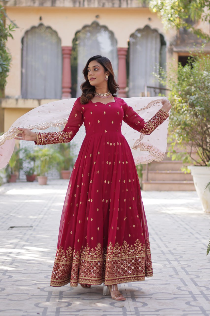 Lovely Maroon Faux Georgette Zari Sequins Worked Gown With Dupatta - INDIAN ELEGANCE