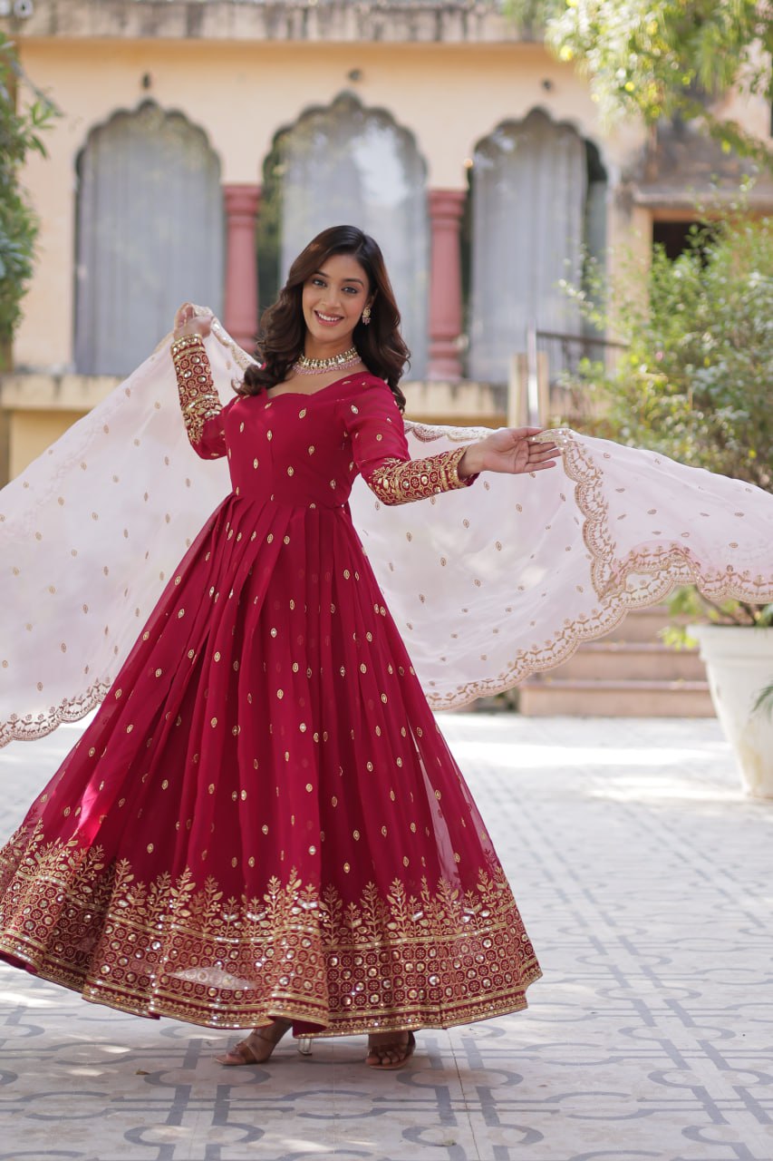 Lovely Maroon Faux Georgette Zari Sequins Worked Gown With Dupatta - INDIAN ELEGANCE