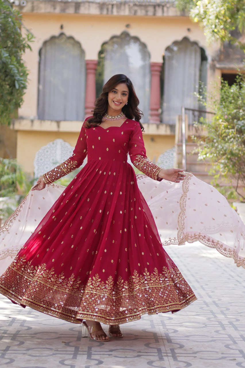 Lovely Maroon Faux Georgette Zari Sequins Worked Gown With Dupatta - INDIAN ELEGANCE