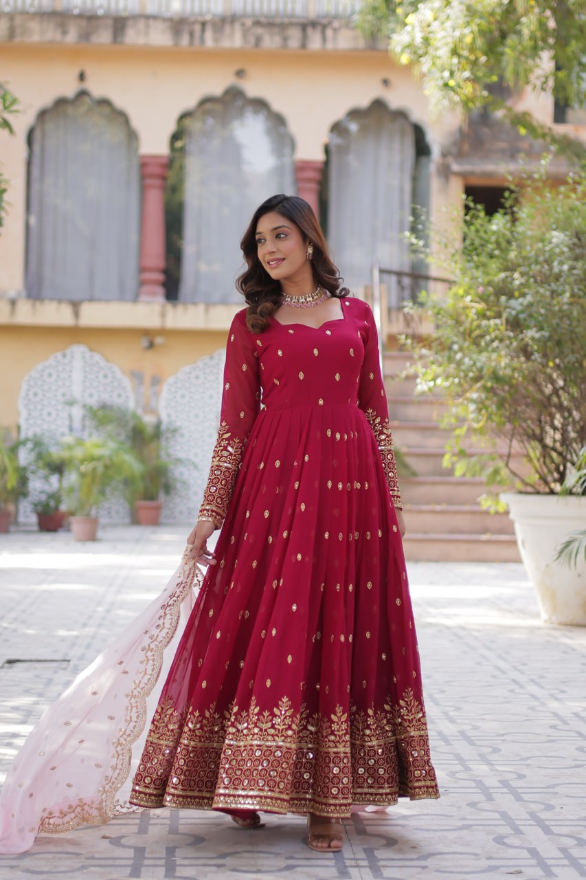 Lovely Maroon Faux Georgette Zari Sequins Worked Gown With Dupatta - INDIAN ELEGANCE