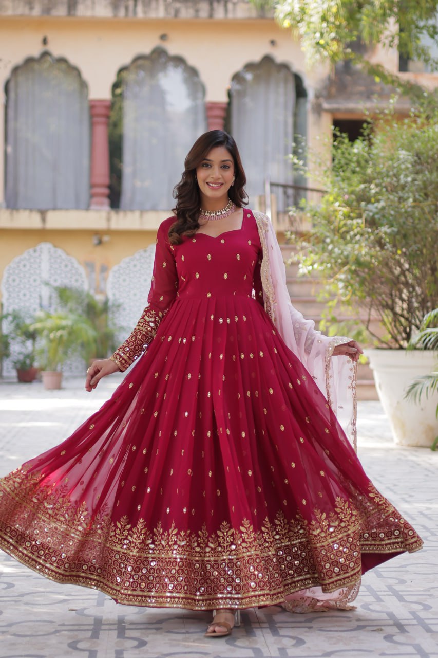 Lovely Maroon Faux Georgette Zari Sequins Worked Gown With Dupatta - INDIAN ELEGANCE