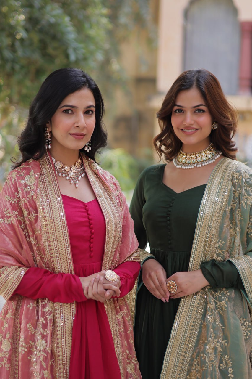 Lovely Vichitra Shimmer Embroidered Gown With Dupatta - INDIAN ELEGANCE