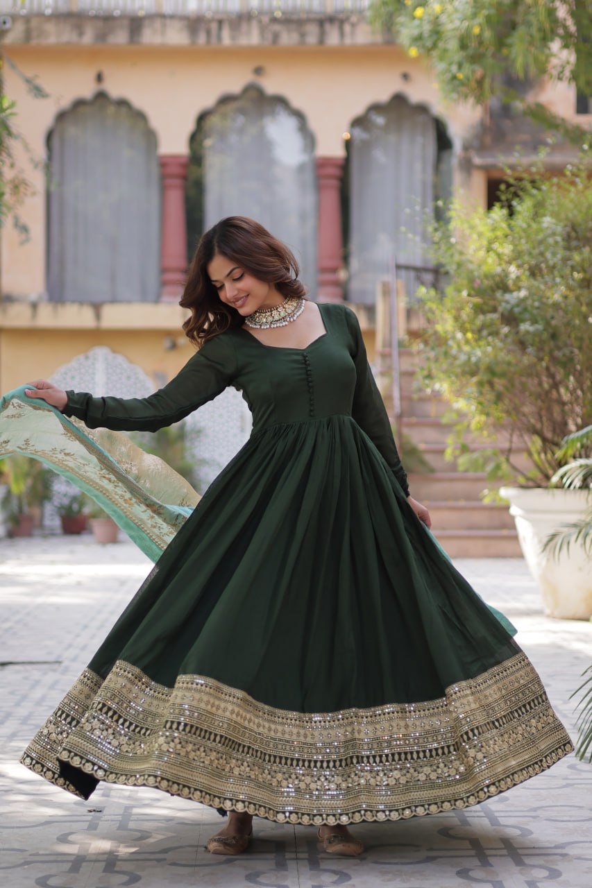 Lovely Vichitra Shimmer Embroidered Gown With Dupatta - INDIAN ELEGANCE