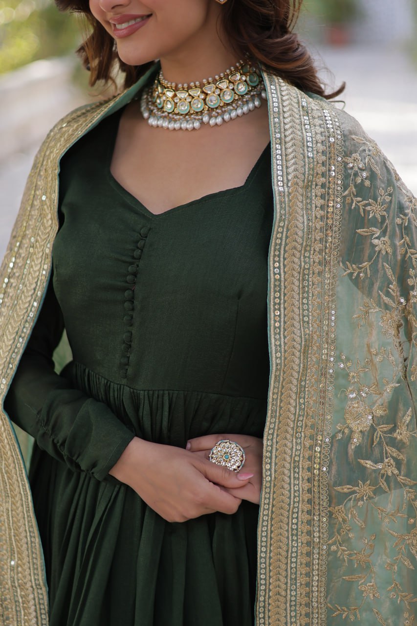 Lovely Vichitra Shimmer Embroidered Gown With Dupatta - INDIAN ELEGANCE