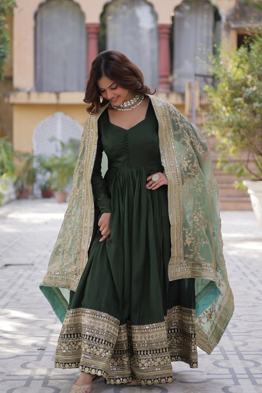 Lovely Vichitra Shimmer Embroidered Gown With Dupatta - INDIAN ELEGANCE