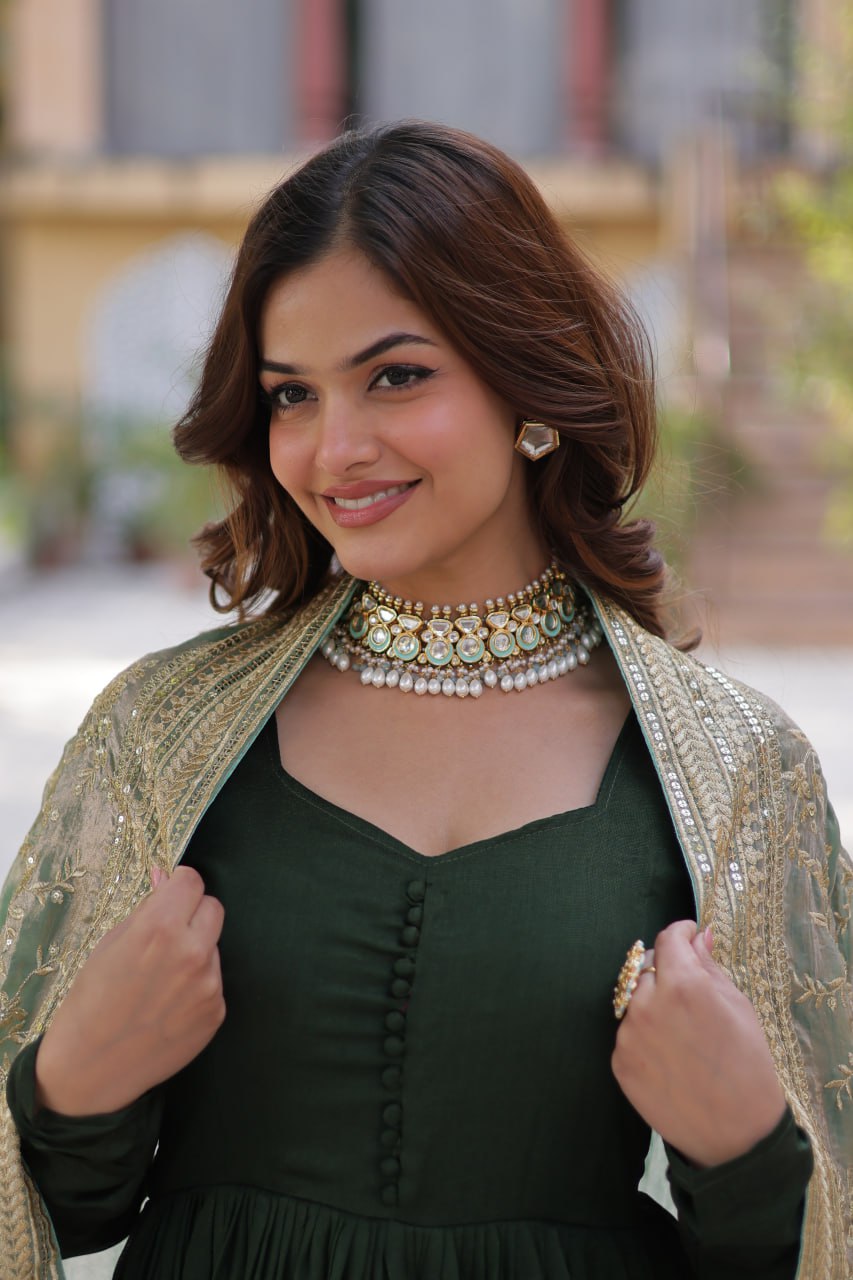 Lovely Vichitra Shimmer Embroidered Gown With Dupatta - INDIAN ELEGANCE