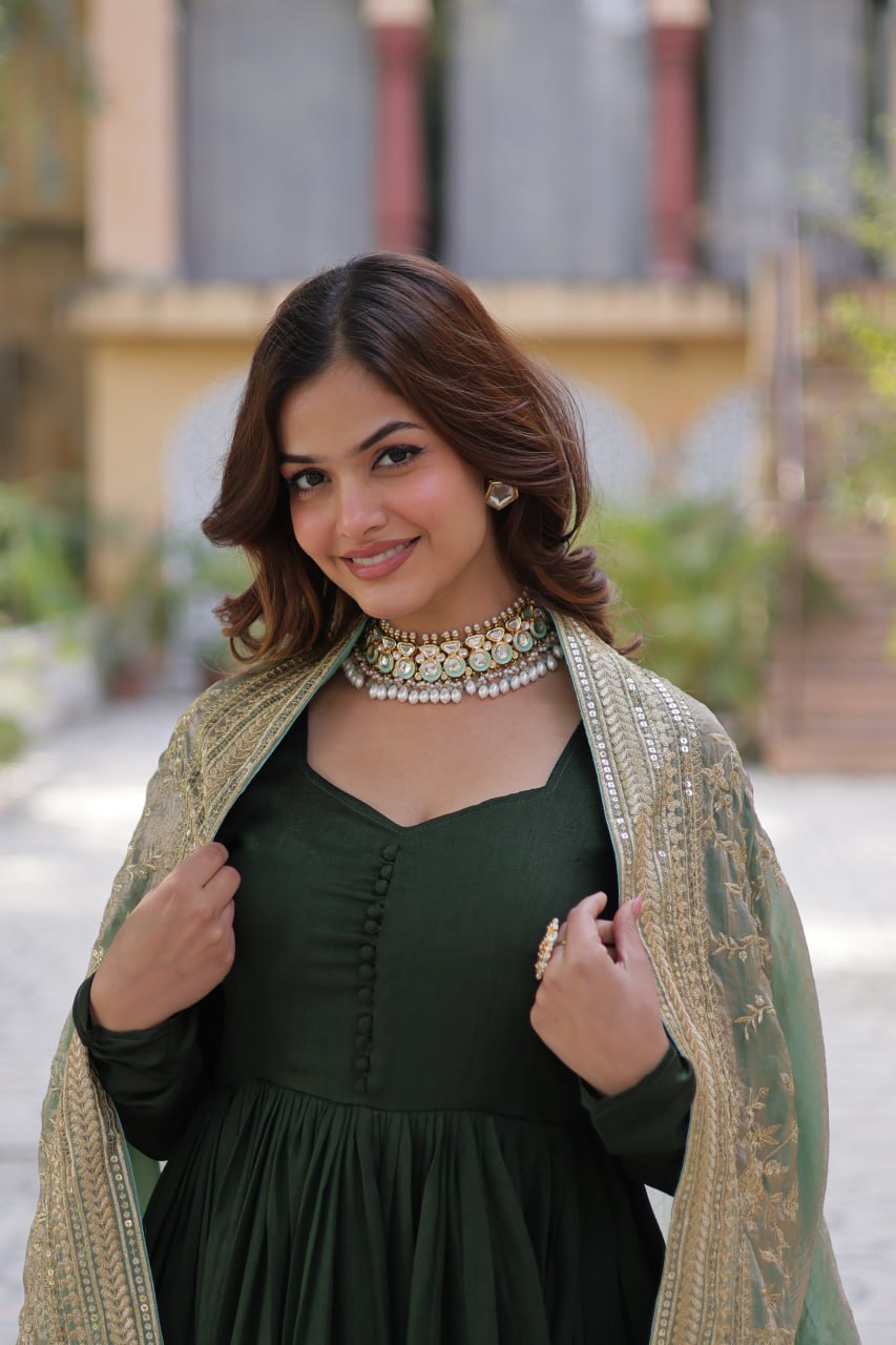 Lovely Vichitra Shimmer Embroidered Gown With Dupatta - INDIAN ELEGANCE