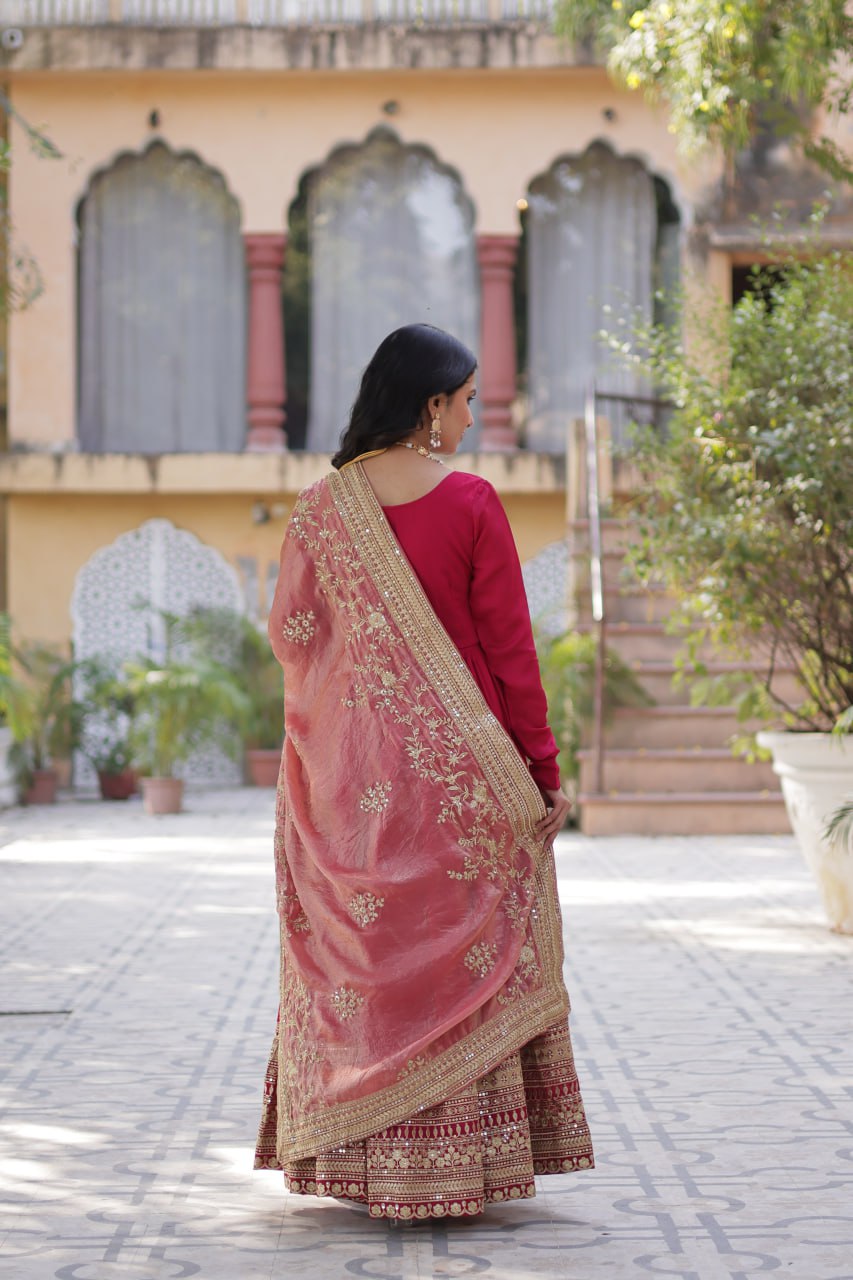 Lovely Vichitra Shimmer Embroidered Gown With Dupatta - INDIAN ELEGANCE