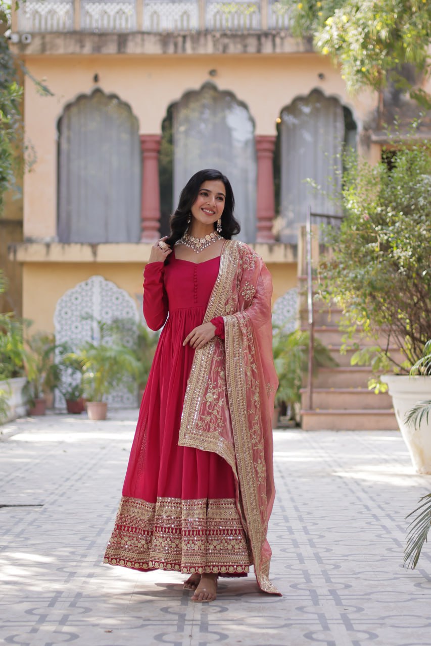 Lovely Vichitra Shimmer Embroidered Gown With Dupatta - INDIAN ELEGANCE