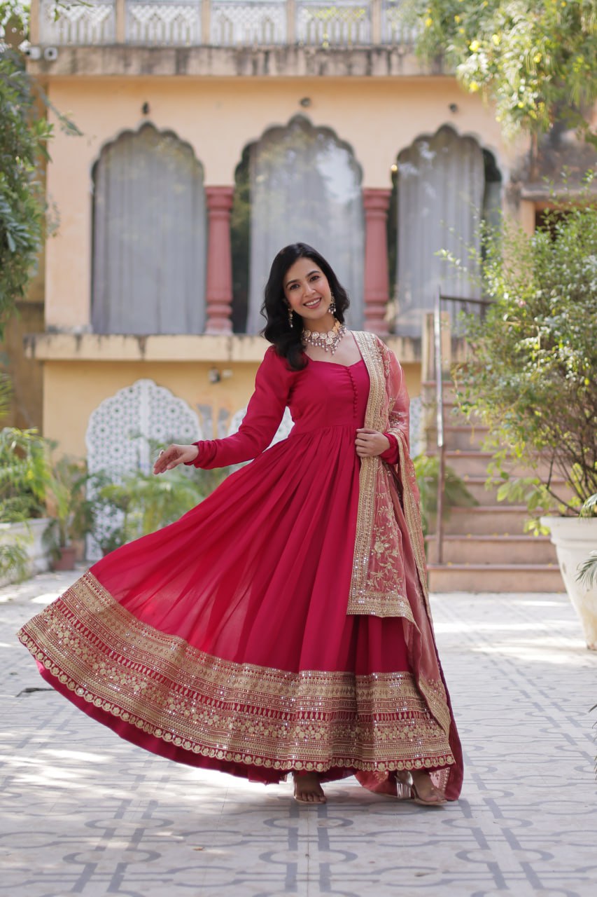 Lovely Vichitra Shimmer Embroidered Gown With Dupatta - INDIAN ELEGANCE