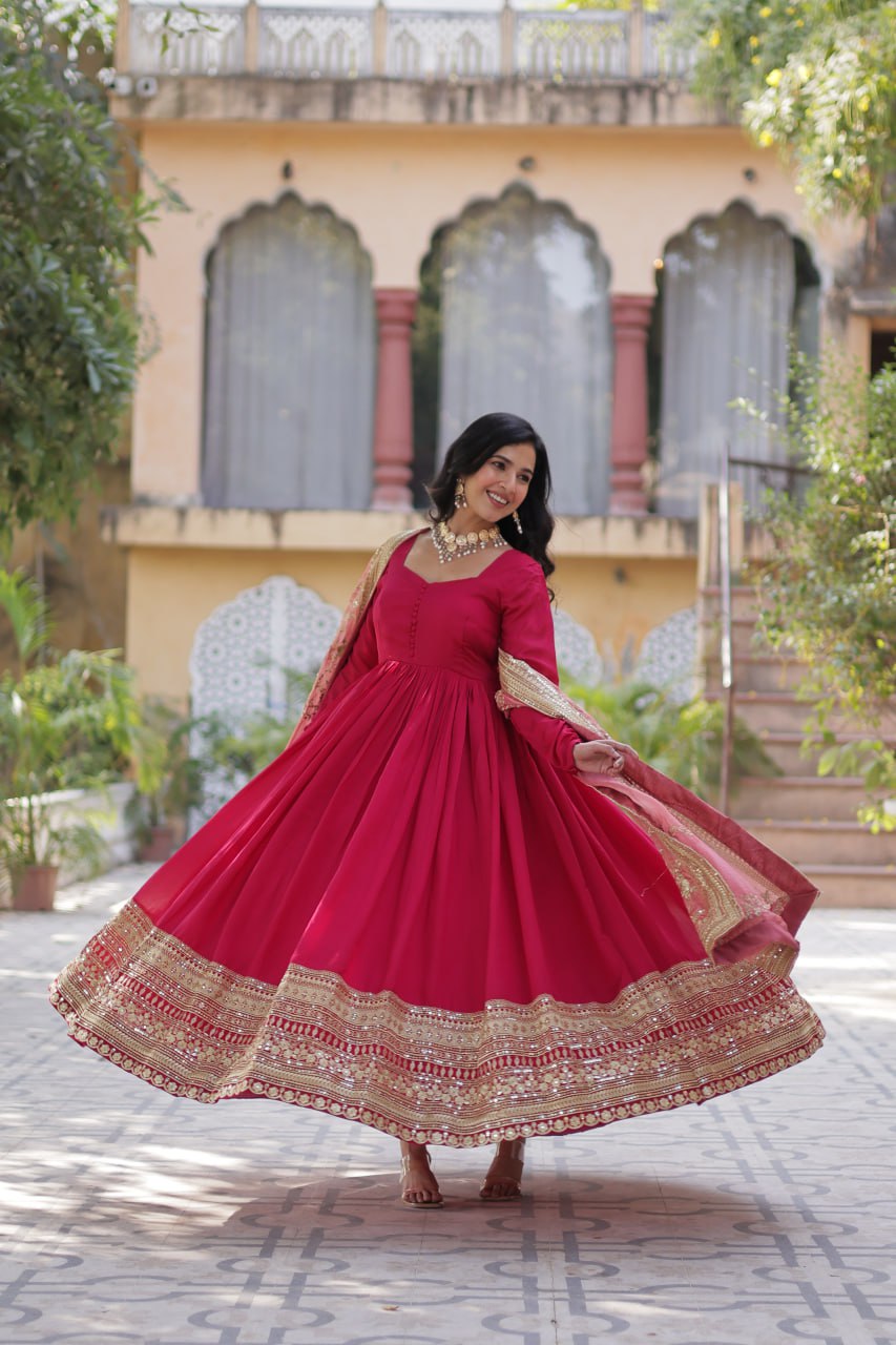 Lovely Vichitra Shimmer Embroidered Gown With Dupatta - INDIAN ELEGANCE