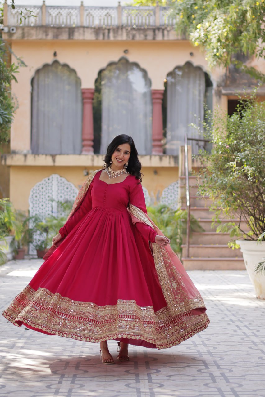 Lovely Vichitra Shimmer Embroidered Gown With Dupatta - INDIAN ELEGANCE