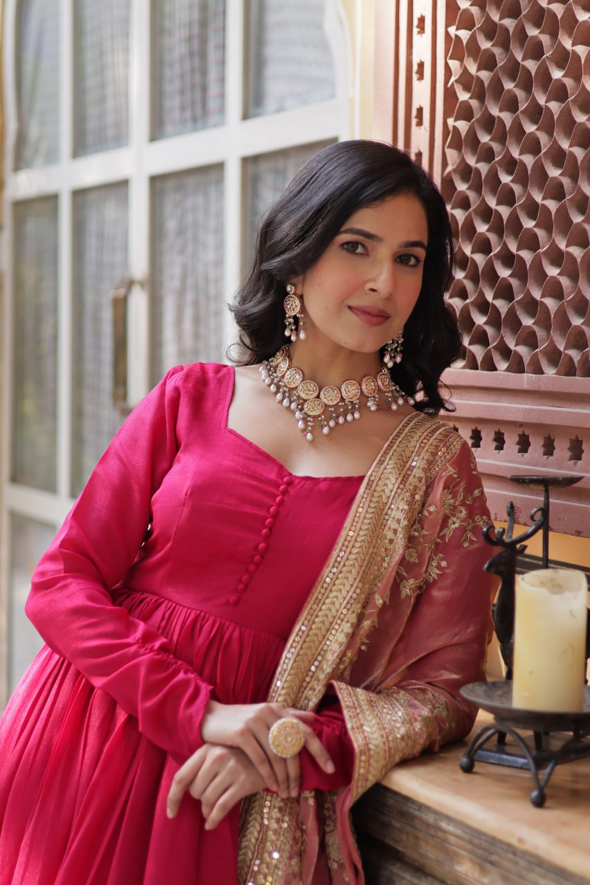 Lovely Vichitra Shimmer Embroidered Gown With Dupatta - INDIAN ELEGANCE