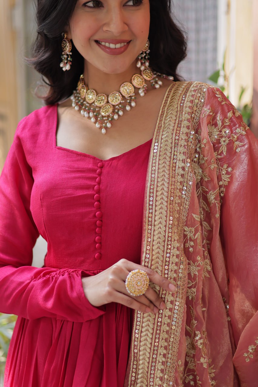 Lovely Vichitra Shimmer Embroidered Gown With Dupatta - INDIAN ELEGANCE