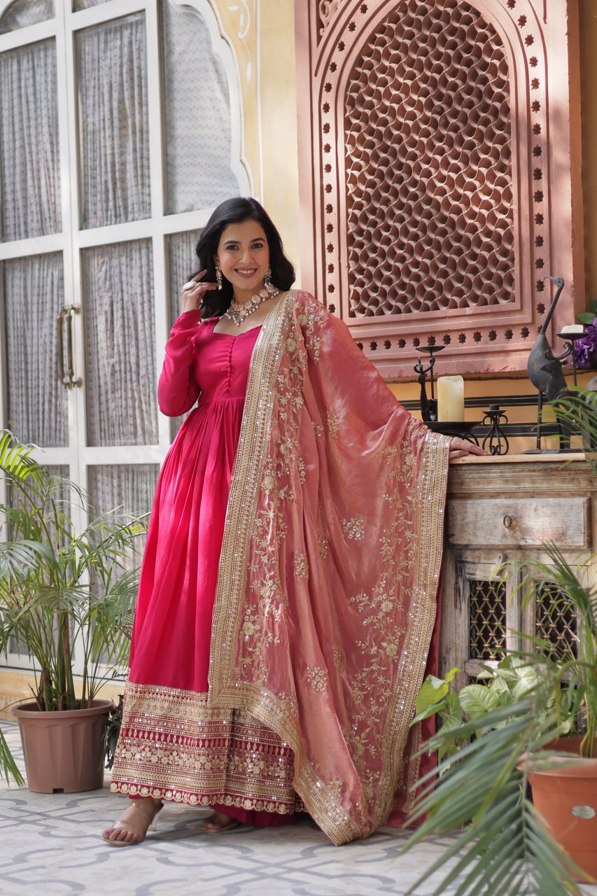 Lovely Vichitra Shimmer Embroidered Gown With Dupatta - INDIAN ELEGANCE