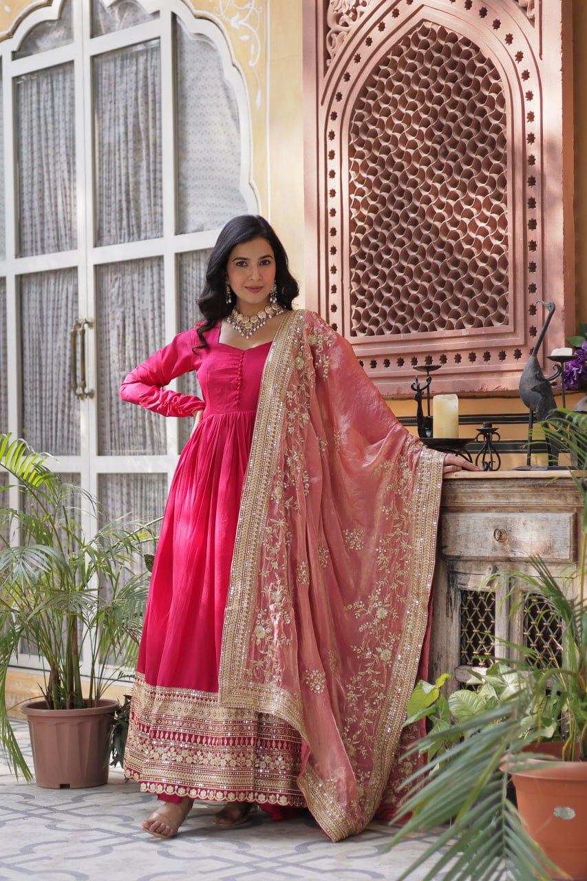Lovely Vichitra Shimmer Embroidered Gown With Dupatta - INDIAN ELEGANCE