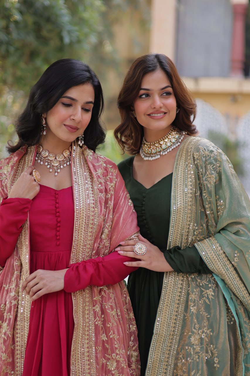 Lovely Vichitra Shimmer Embroidered Gown With Dupatta - INDIAN ELEGANCE