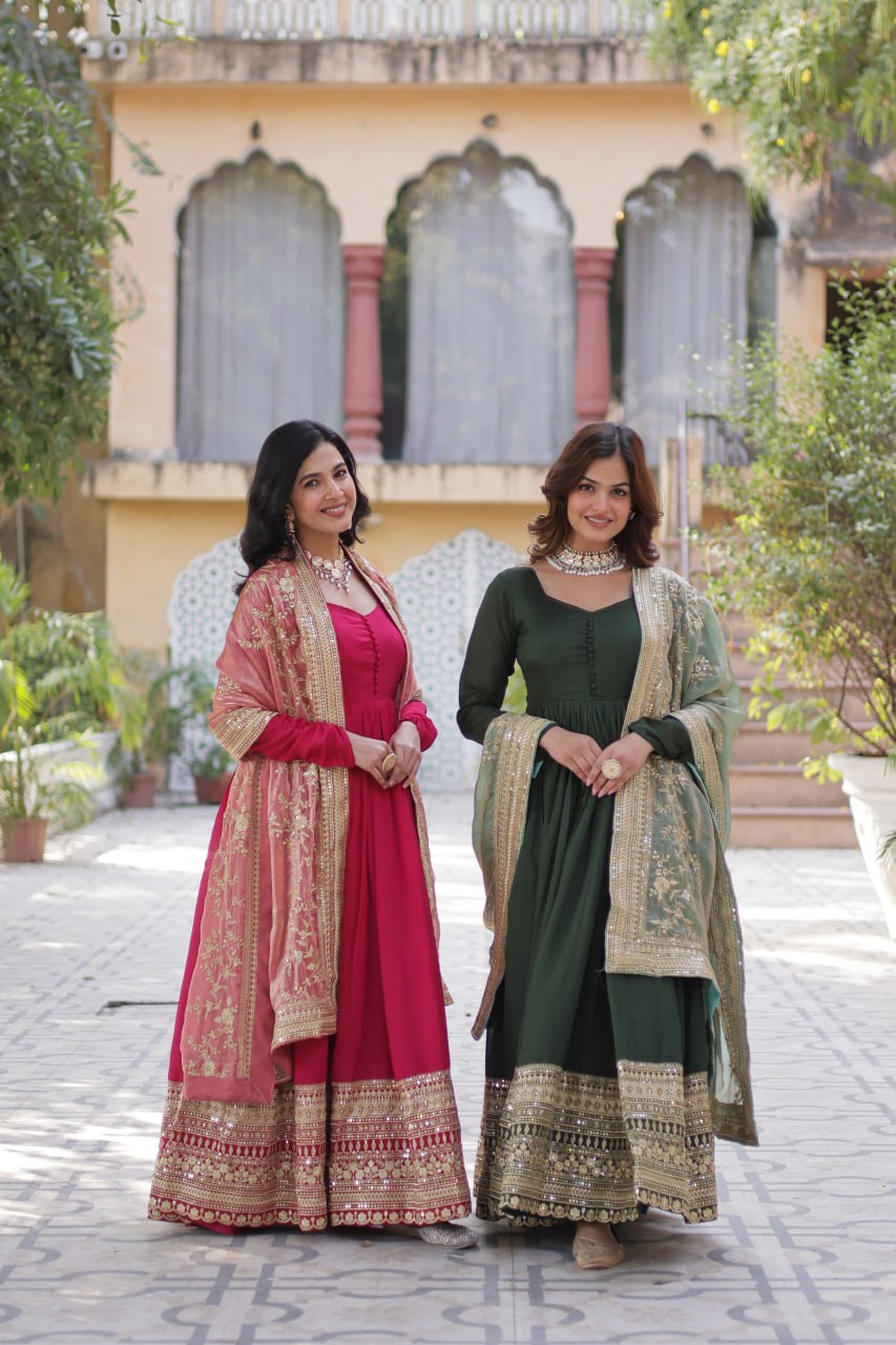 Lovely Vichitra Shimmer Embroidered Gown With Dupatta - INDIAN ELEGANCE