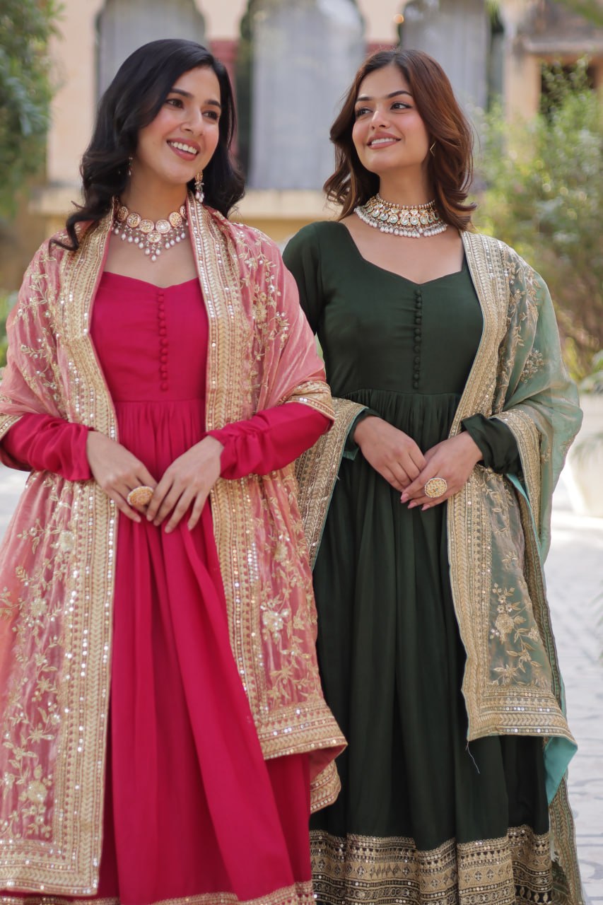 Lovely Vichitra Shimmer Embroidered Gown With Dupatta - INDIAN ELEGANCE